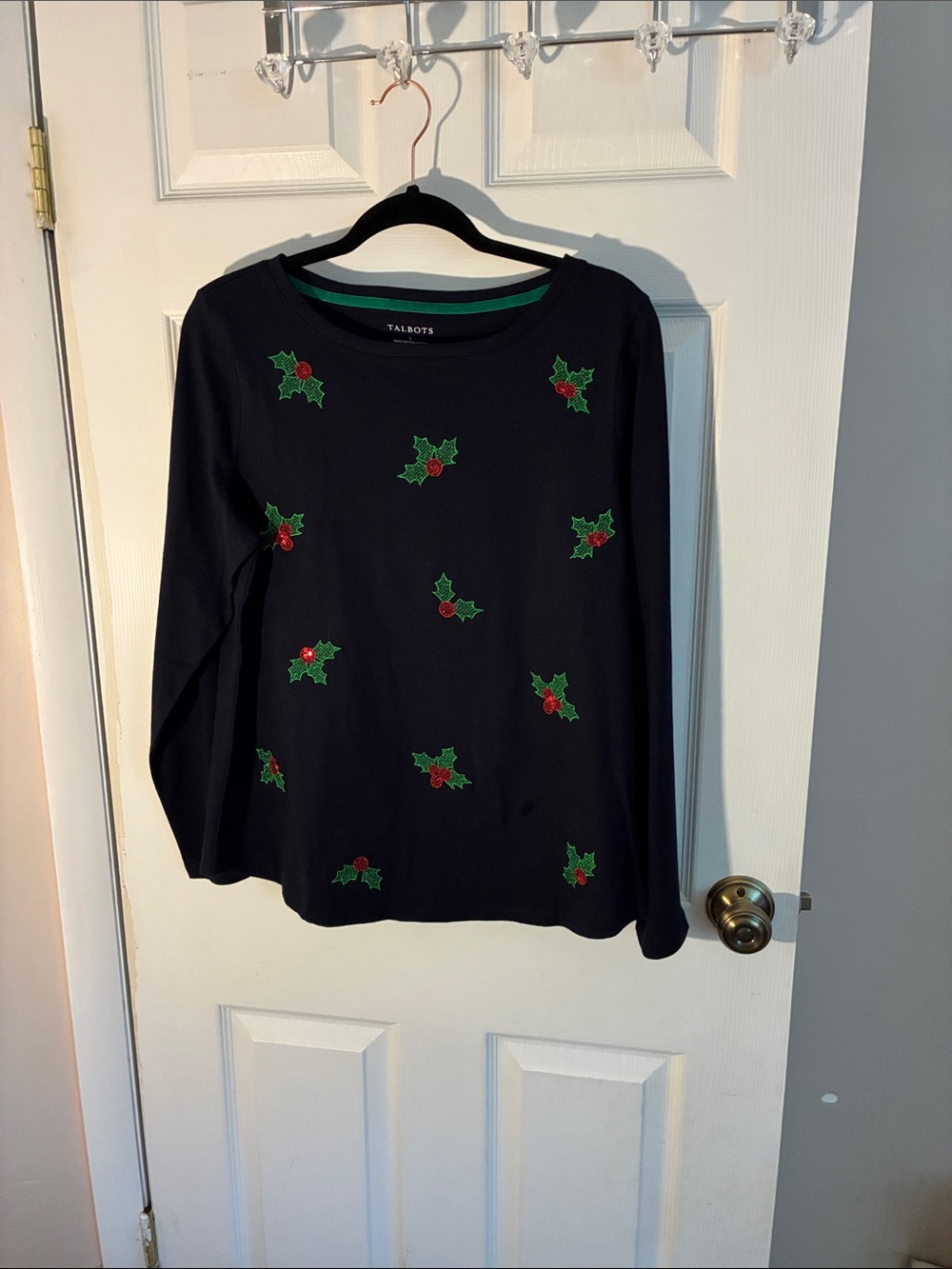 Talbots Navy Crewneck Sweater with Green Holly & Red Berry Accents